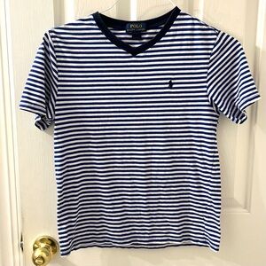Polo Ralph Lauren Boys Blue White Striped Cotton T-Shirt Sz M (10-12) V-Neck